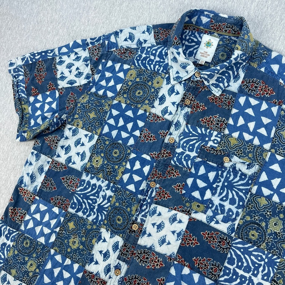 Territory Ahead Patchwork Batik Short Sleeve Shirt Mens XXL Blue Button-Up Wild